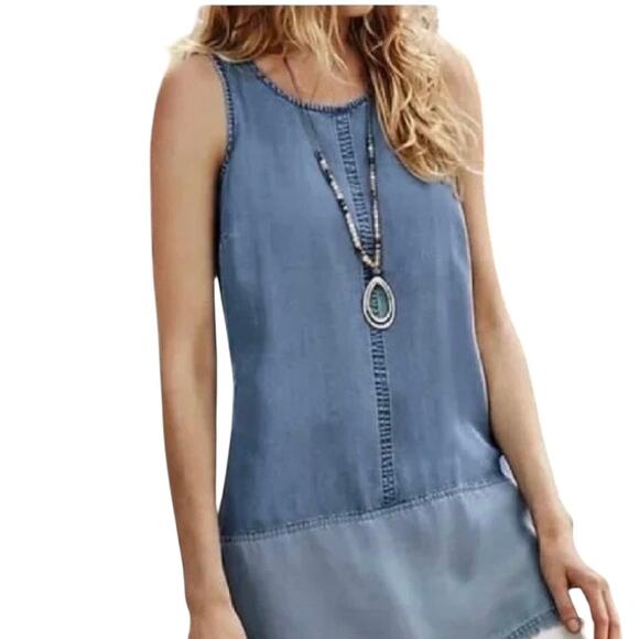 J Jill Two-Toned Indigo Chambray Tunic Top Sz S Fringe Hem Resort Wear Old Money - Picture 1 of 7